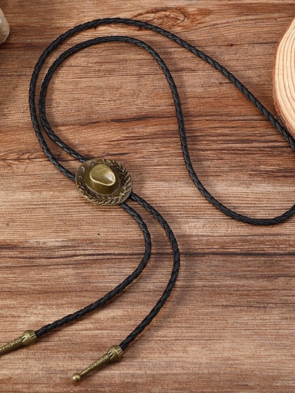 Amazon Black Braided Leather Cowboy Bolo Tie with Brass Hat Slide